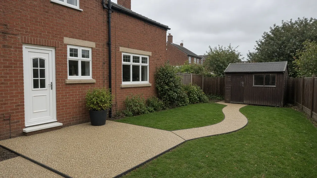 Example image: a curved resin-bound path running from a small patio across the lawn to a garden shed